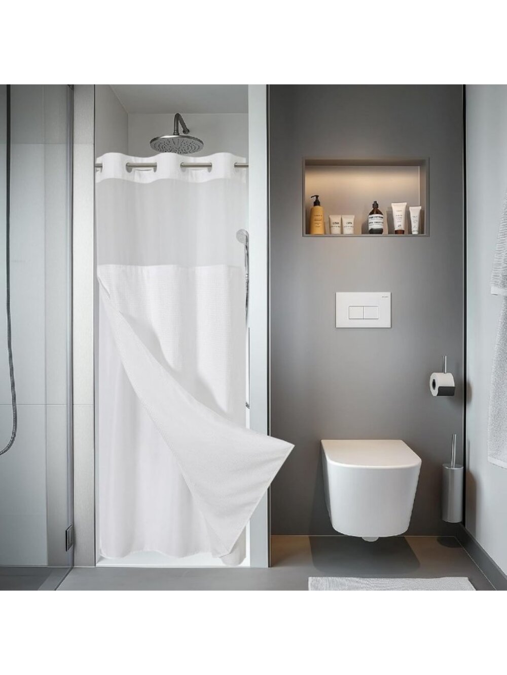 Waffle Shower Curtain with Snap-in Liner, 36x74 Inch, Waterproof, White